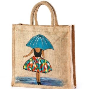 Jute hand painted bag lady with umbrella